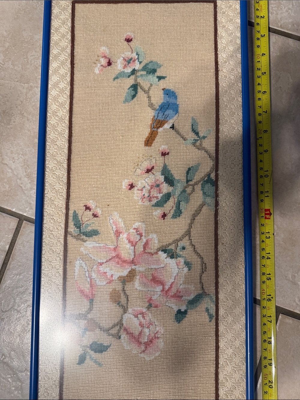 Vintage Large Floral Cross-Stitch Panel with Blue Bird - Framed - Picture 4 of 5